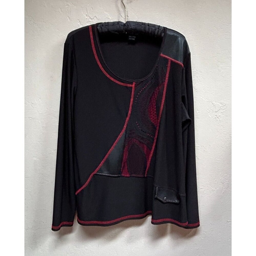 Michael Tyler Womens XXL Scoop Neck Long Sleeve Art to Wear Top Black/Red Casual